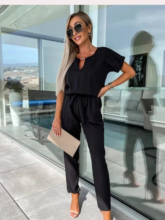 Farheen Jumpsuit | Short Sleeve V-Neck Belted Jumpsuit