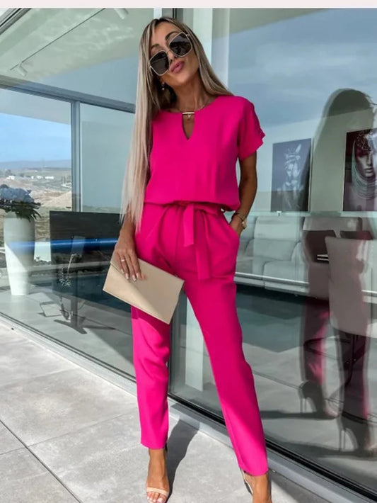 Farheen Jumpsuit | Short Sleeve V-Neck Belted Jumpsuit
