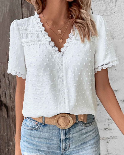Farren Blouse | White Textured V-Neck Summer Blouse