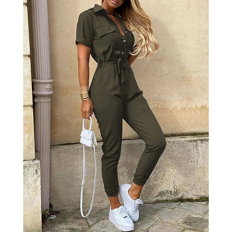 Faryal Jumpsuit | Short Sleeve Tie-Waist Cargo Jumpsuit