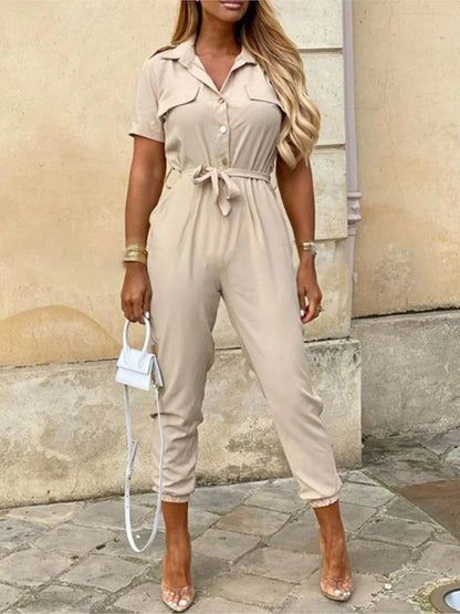 Faryal Jumpsuit | Short Sleeve Tie-Waist Cargo Jumpsuit