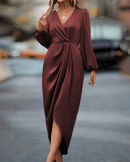 Federica Dress | Long Sleeve V-Neck Draped Midi Dress