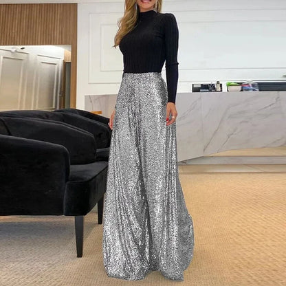 Feyza Pants | Sequin High-Waisted Wide Leg Trousers