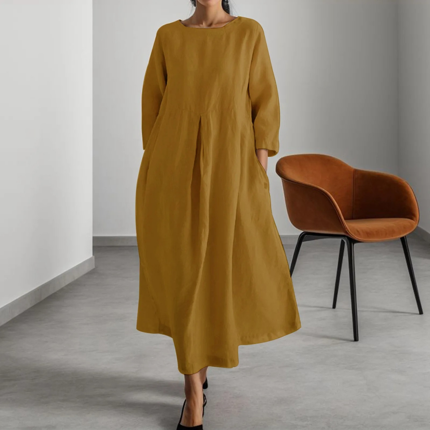 Fidelia Dress | Loose Fit Midi Dress with 3/4 Sleeves