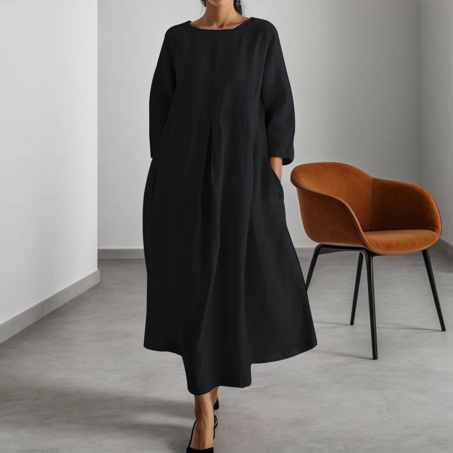 Fidelia Dress | Loose Fit Midi Dress with 3/4 Sleeves
