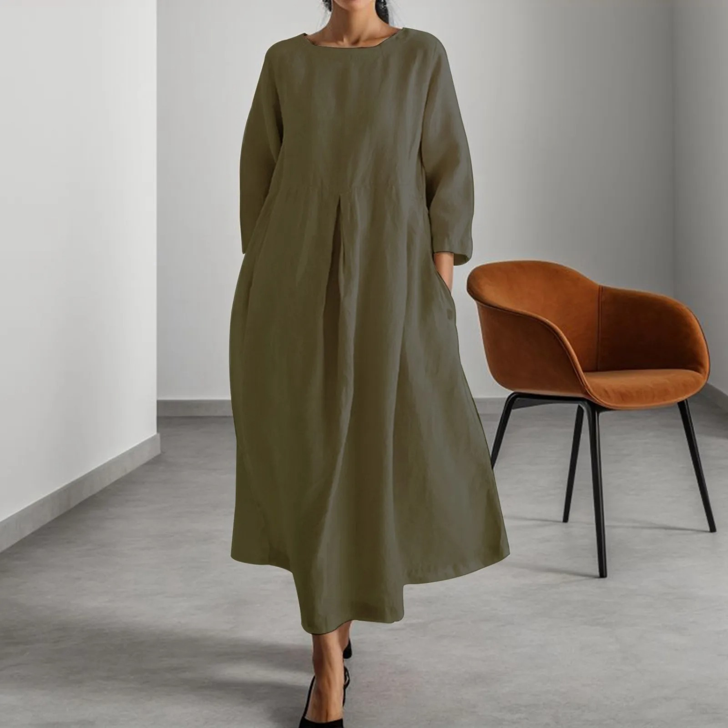 Fidelia Dress | Loose Fit Midi Dress with 3/4 Sleeves