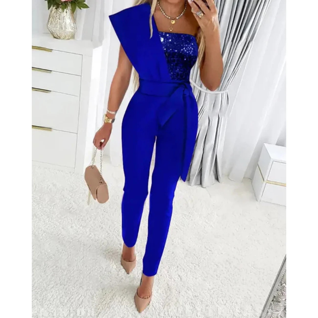 Firoza Jumpsuit | Sequin Patchwork Off Shoulder Jumpsuit