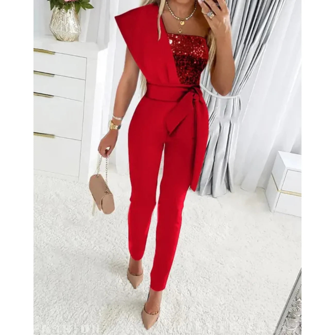Firoza Jumpsuit | Sequin Patchwork Off Shoulder Jumpsuit