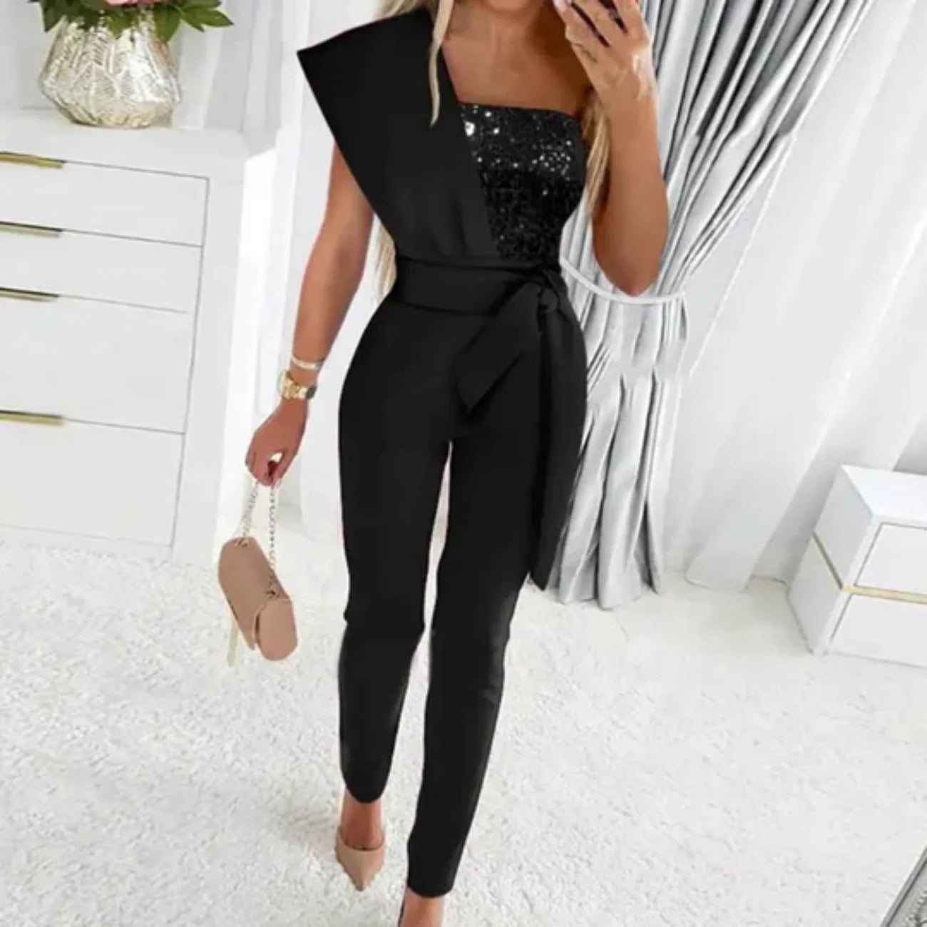 Firoza Jumpsuit | Sequin Patchwork Off Shoulder Jumpsuit