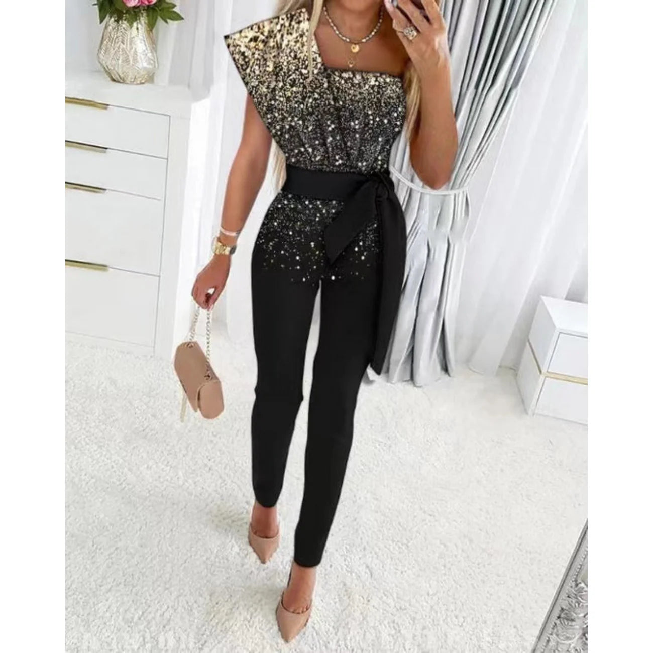 Firoza Jumpsuit | Sequin Patchwork Off Shoulder Jumpsuit