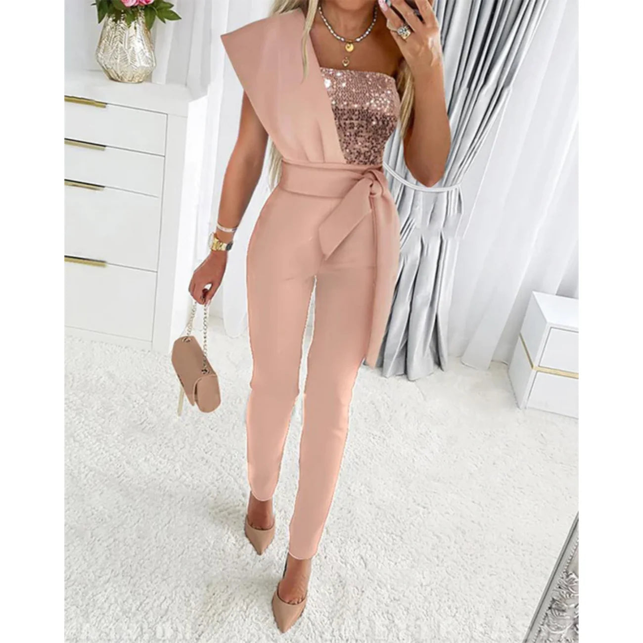 Firoza Jumpsuit | Sequin Patchwork Off Shoulder Jumpsuit