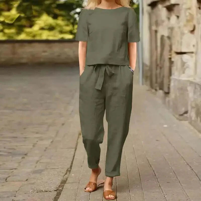 Flory Set | Loose Fit Short Sleeve Top & High Waist Tie Pants Set