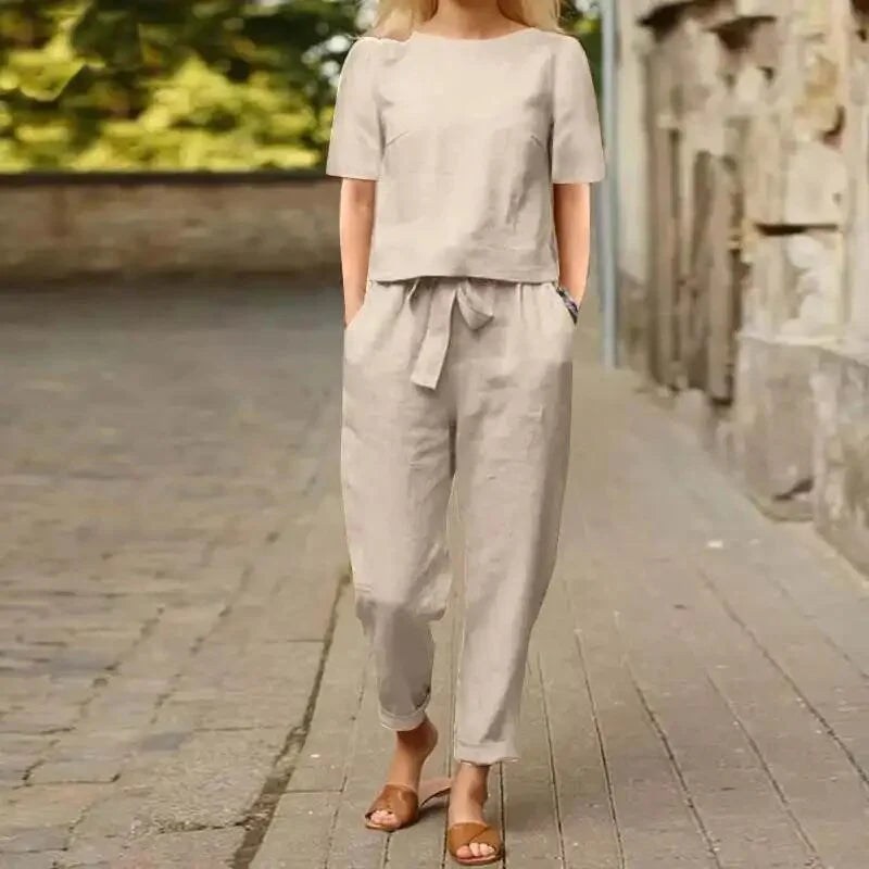 Flory Set | Loose Fit Short Sleeve Top & High Waist Tie Pants Set