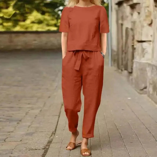Flory Set | Loose Fit Short Sleeve Top & High Waist Tie Pants Set