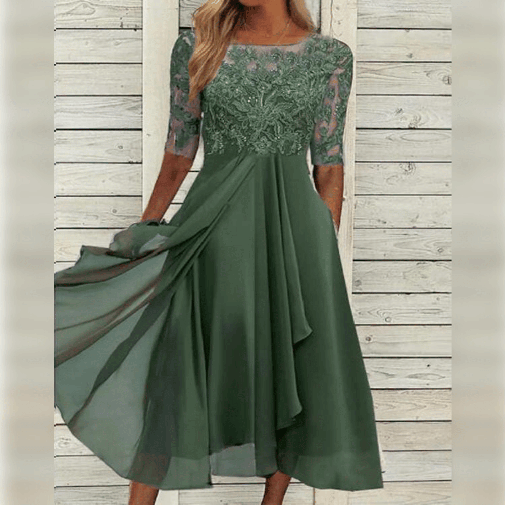 Fritha Dress | Embroidered Midi Dress with Sheer Sleeves