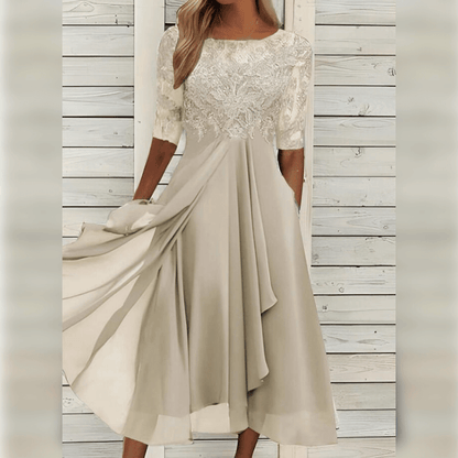 Fritha Dress | Embroidered Midi Dress with Sheer Sleeves