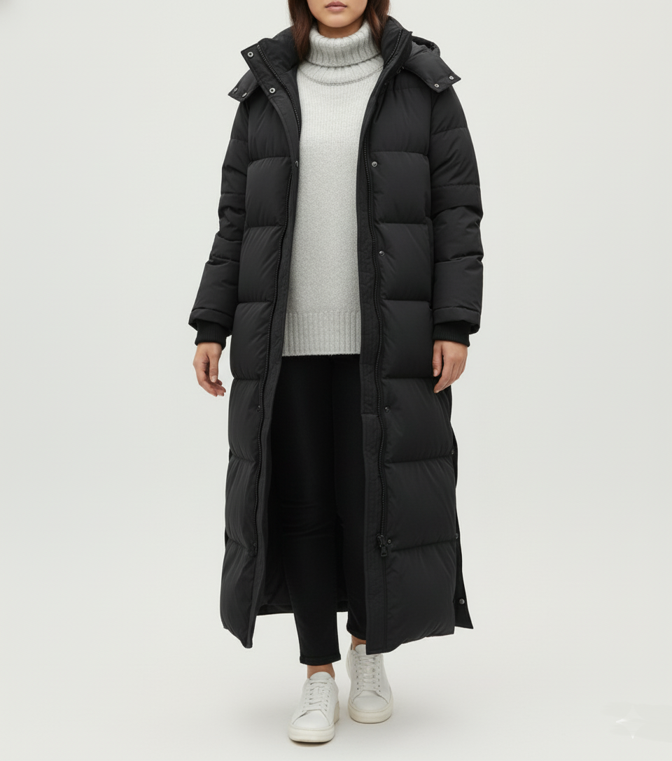 Sierra Long Puffer Coat | Side-Split Hooded Winter Jacket
