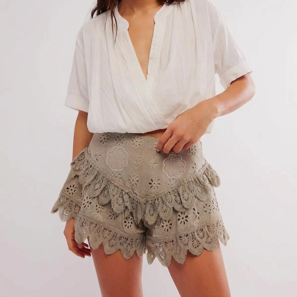 Flora Patterned Eyelet Embroidery Lace Trim Shorts | Ruffled Scalloped Hem Shorts