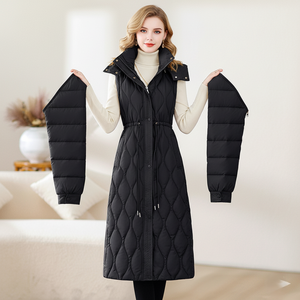 Rose Quilted Puffer Coat | Long Over-the-Knee Hooded Coat with Detachable Sleeves