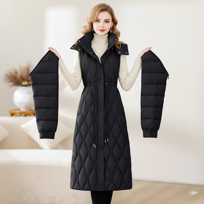 Rose Quilted Puffer Coat | Long Over-the-Knee Hooded Coat with Detachable Sleeves