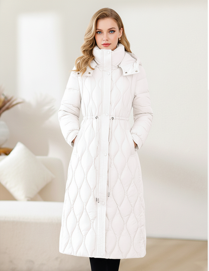 Rose Quilted Puffer Coat | Long Over-the-Knee Hooded Coat with Detachable Sleeves