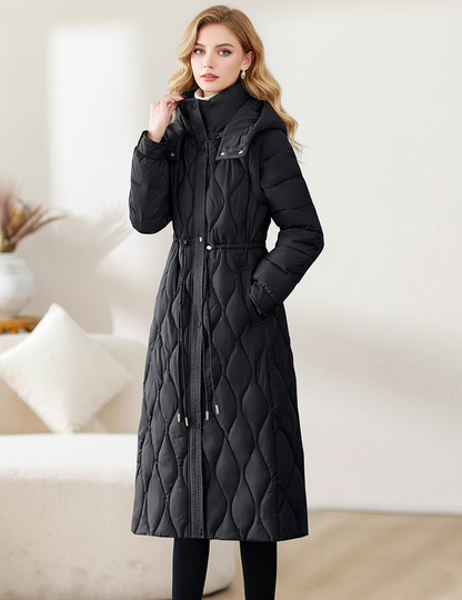 Rose Quilted Puffer Coat | Long Over-the-Knee Hooded Coat with Detachable Sleeves