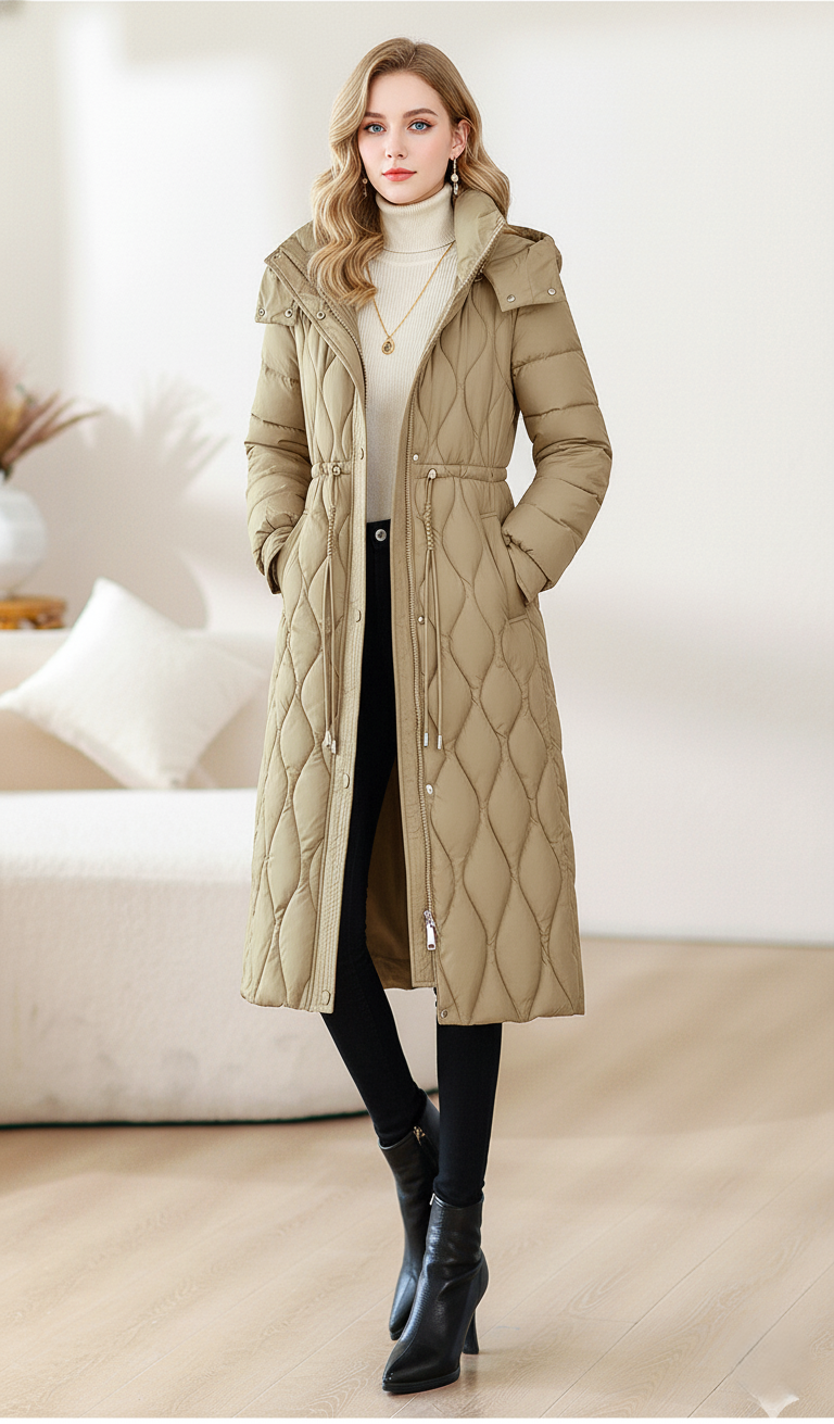 Rose Quilted Puffer Coat | Long Over-the-Knee Hooded Coat with Detachable Sleeves