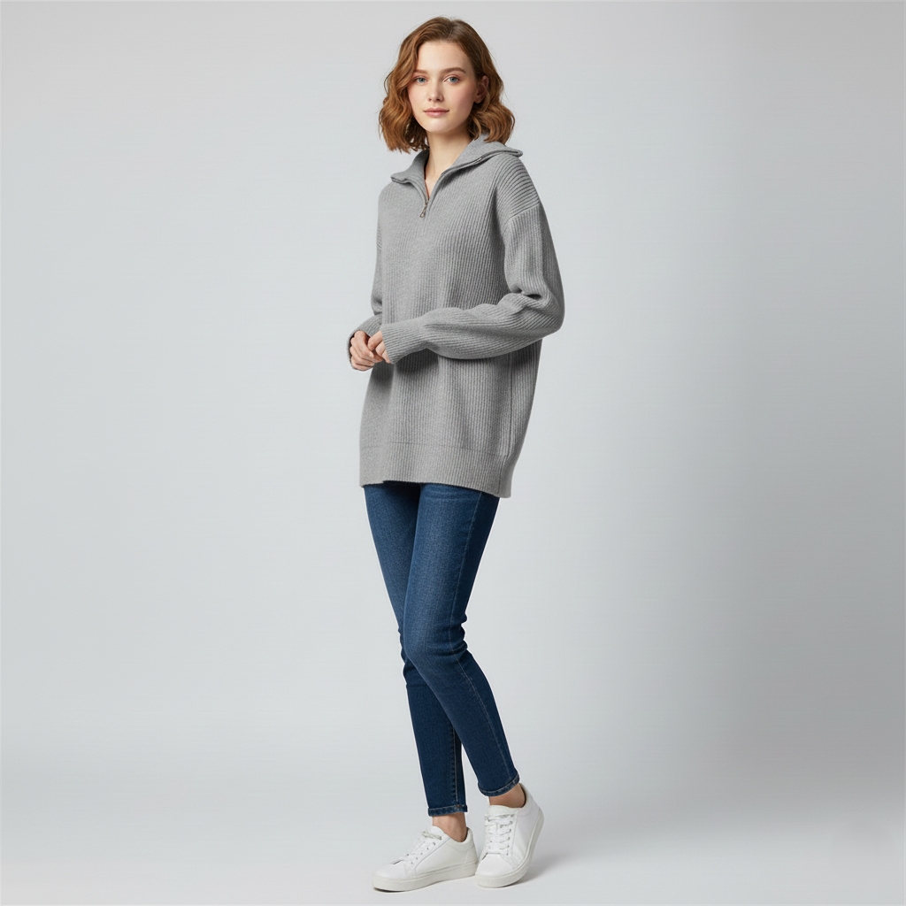 Women’s Sweatshirt – Relaxed Fit – High Zip Collar – Ribbed Knit Trim