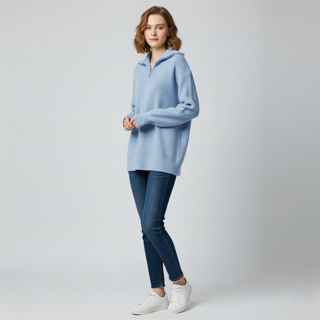 Women’s Sweatshirt – Relaxed Fit – High Zip Collar – Ribbed Knit Trim