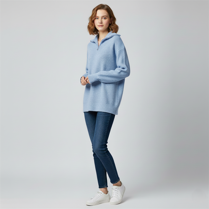 Women’s Sweatshirt – Relaxed Fit – High Zip Collar – Ribbed Knit Trim