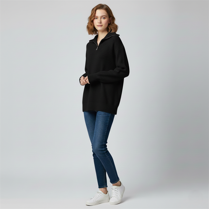 Women’s Sweatshirt – Relaxed Fit – High Zip Collar – Ribbed Knit Trim