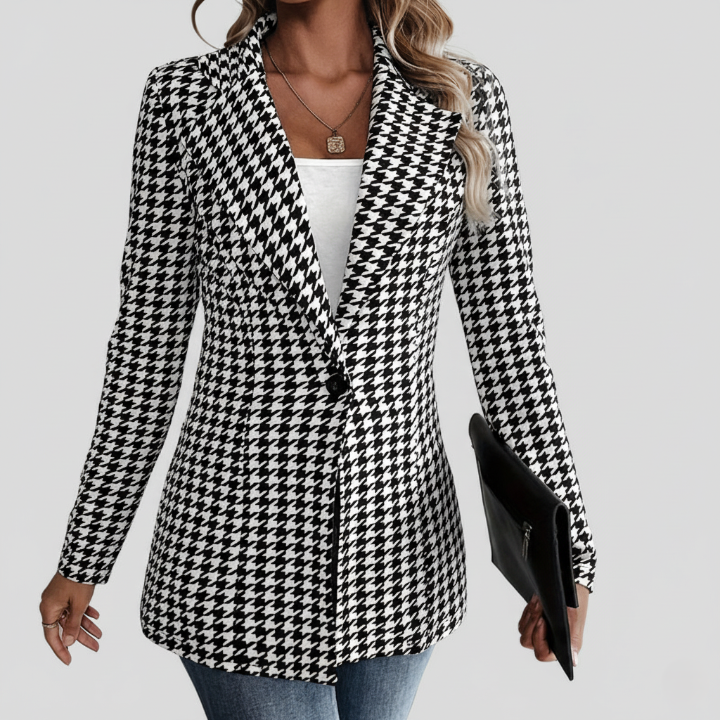 Women’s Houndstooth Blazer – Tailored Fit – Notch Lapel – Houndstooth Pattern