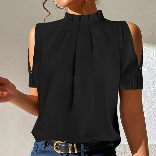 Ginette Top | Black Pleated High Neck with Split Sleeves
