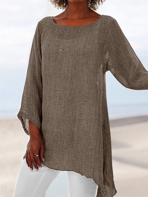 Glenys Top | Long Sleeve Round Neck Shirt with Asymmetrical Hem