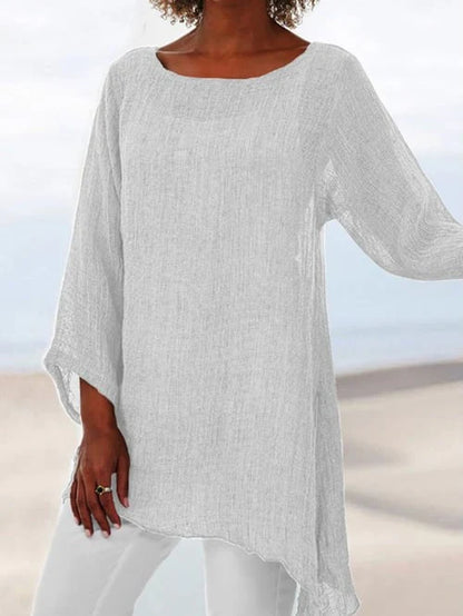 Glenys Top | Long Sleeve Round Neck Shirt with Asymmetrical Hem