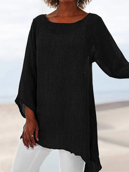 Glenys Top | Long Sleeve Round Neck Shirt with Asymmetrical Hem