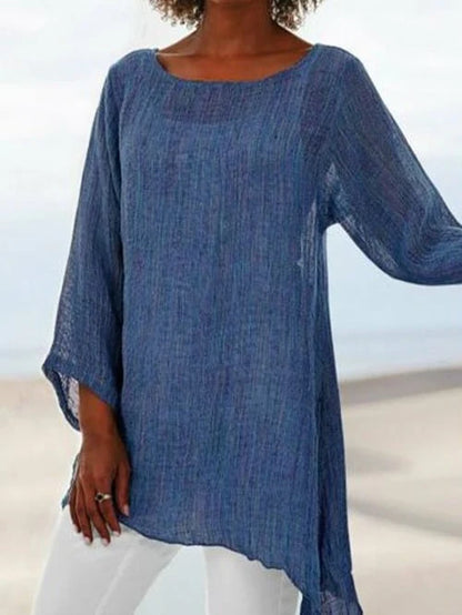 Glenys Top | Long Sleeve Round Neck Shirt with Asymmetrical Hem