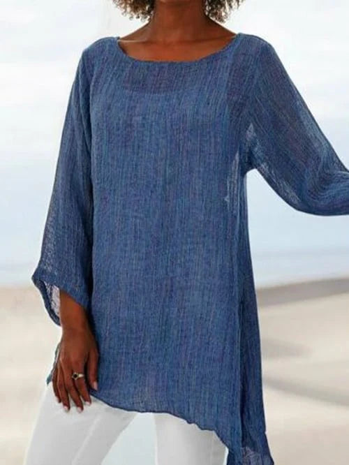 Glenys Top | Long Sleeve Round Neck Shirt with Asymmetrical Hem