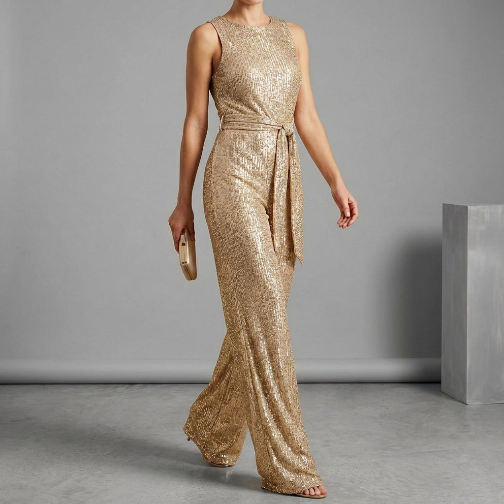 Isabella Wide Leg Glitter Embellished Jumpsuit | Belted Sleeveless Jumpsuit