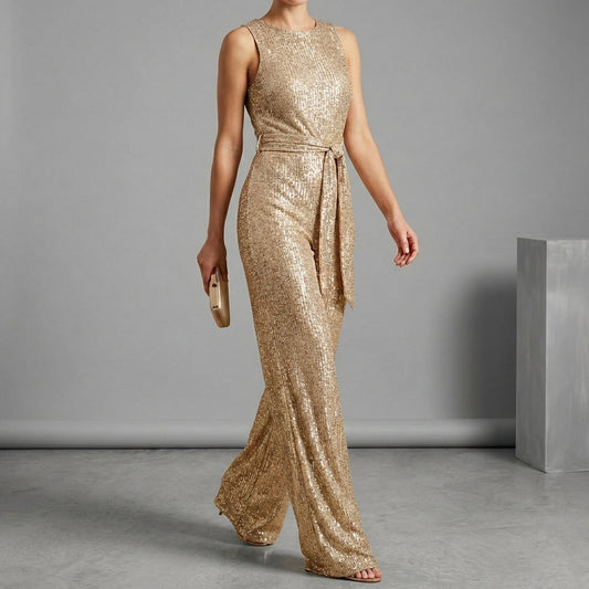 Isabella Wide Leg Glitter Embellished Jumpsuit | Belted Sleeveless Jumpsuit