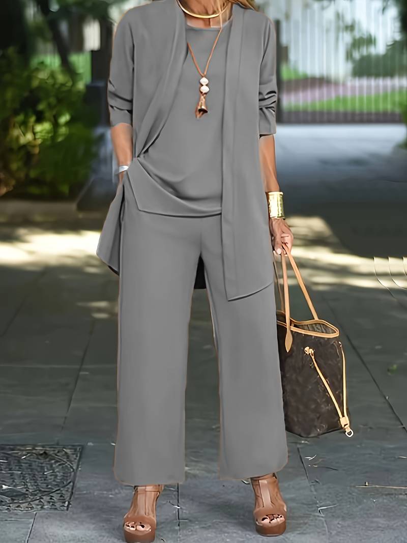 Gracie Set | 3-Piece Wide-Leg Trousers and Drape Cardigan Set