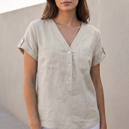 Isabella Relaxed Fit Button-Front Shirt | V-Neck Chest Pockets Shirt