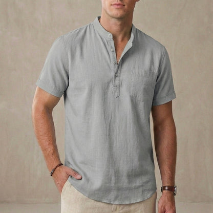 Leo Relaxed Fit Henley Shirt | Band Collar Chest Pocket Shirt