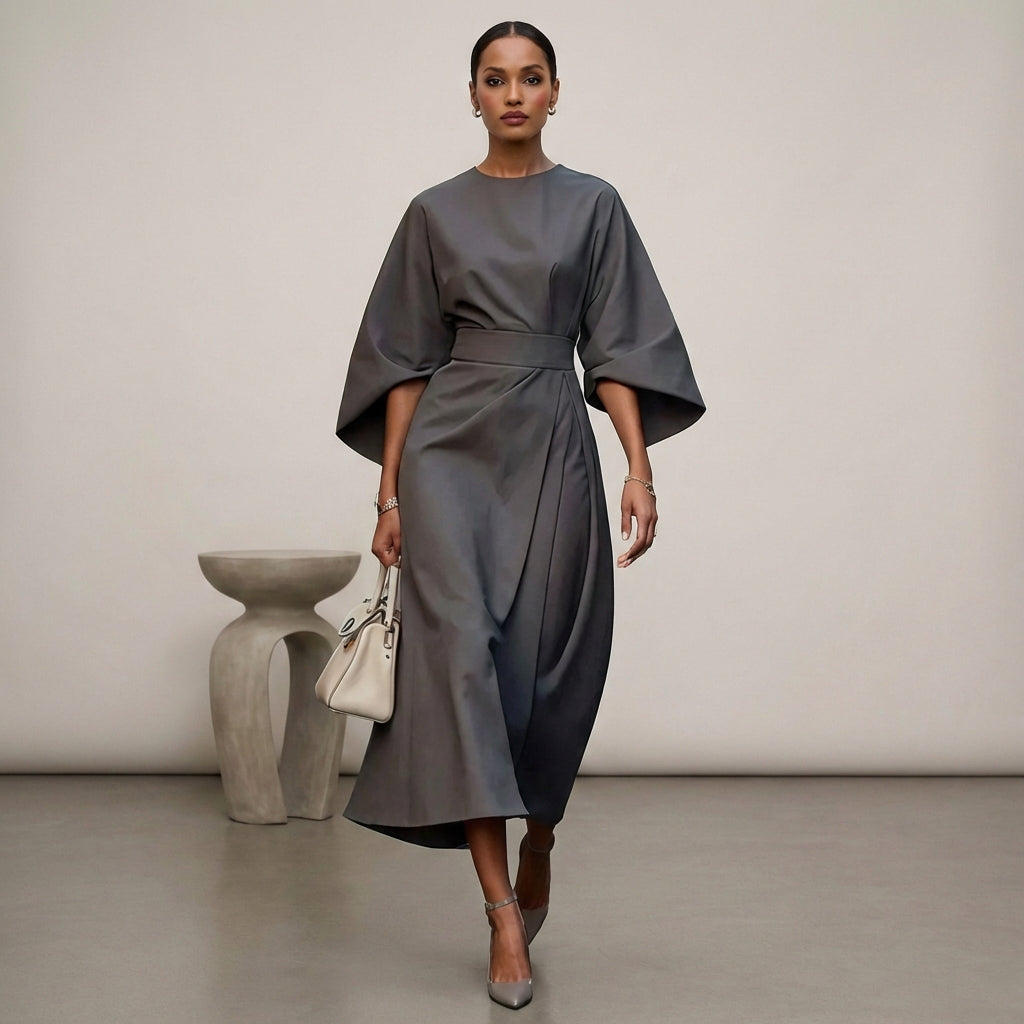 Isabella Relaxed Fit Dress | Round Neck Bat Sleeve Dress