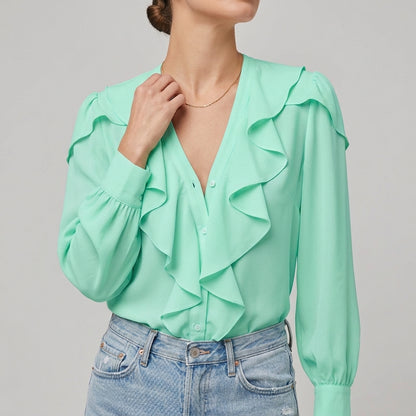 Beatrice Ruffled V-Neck Blouse | Relaxed Fit Long Sleeve Blouse