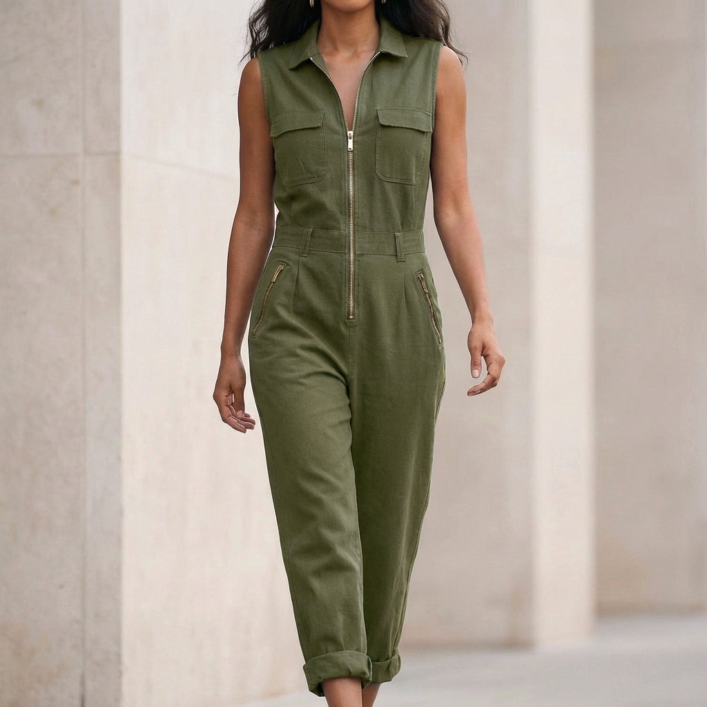 Isla Collared Sleeveless Jumpsuit | Solid Relaxed Fit Jumpsuit