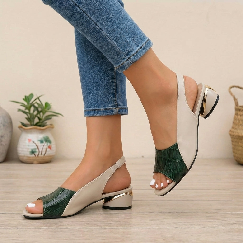 Emily Embossed Slingback Block Heel Sandals | Metallic Accent Sandals