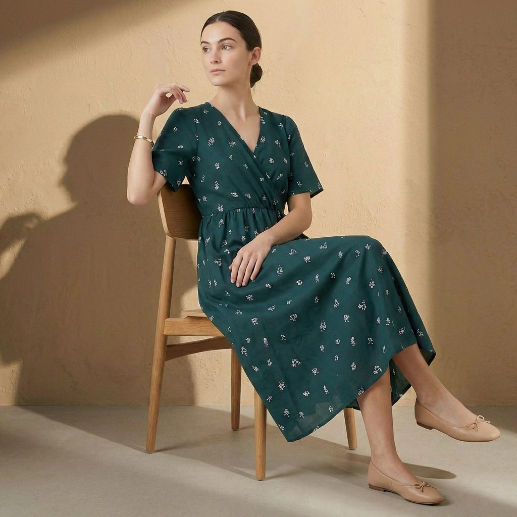 Amelia A-Line Dress | Wrap Front Tie-Back Midi Dress