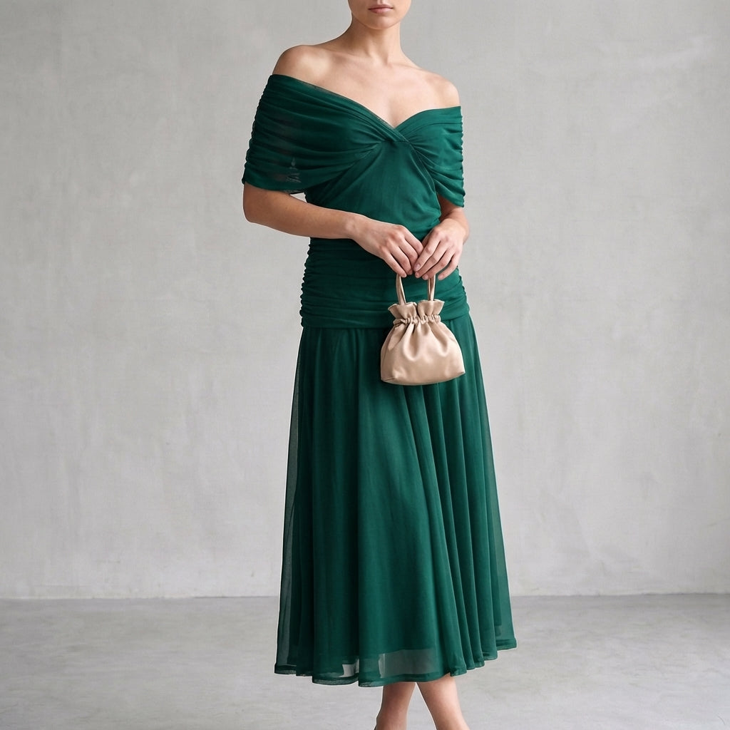Aurora A-Line Midi Dress | Off-Shoulder Ruched Midi Dress