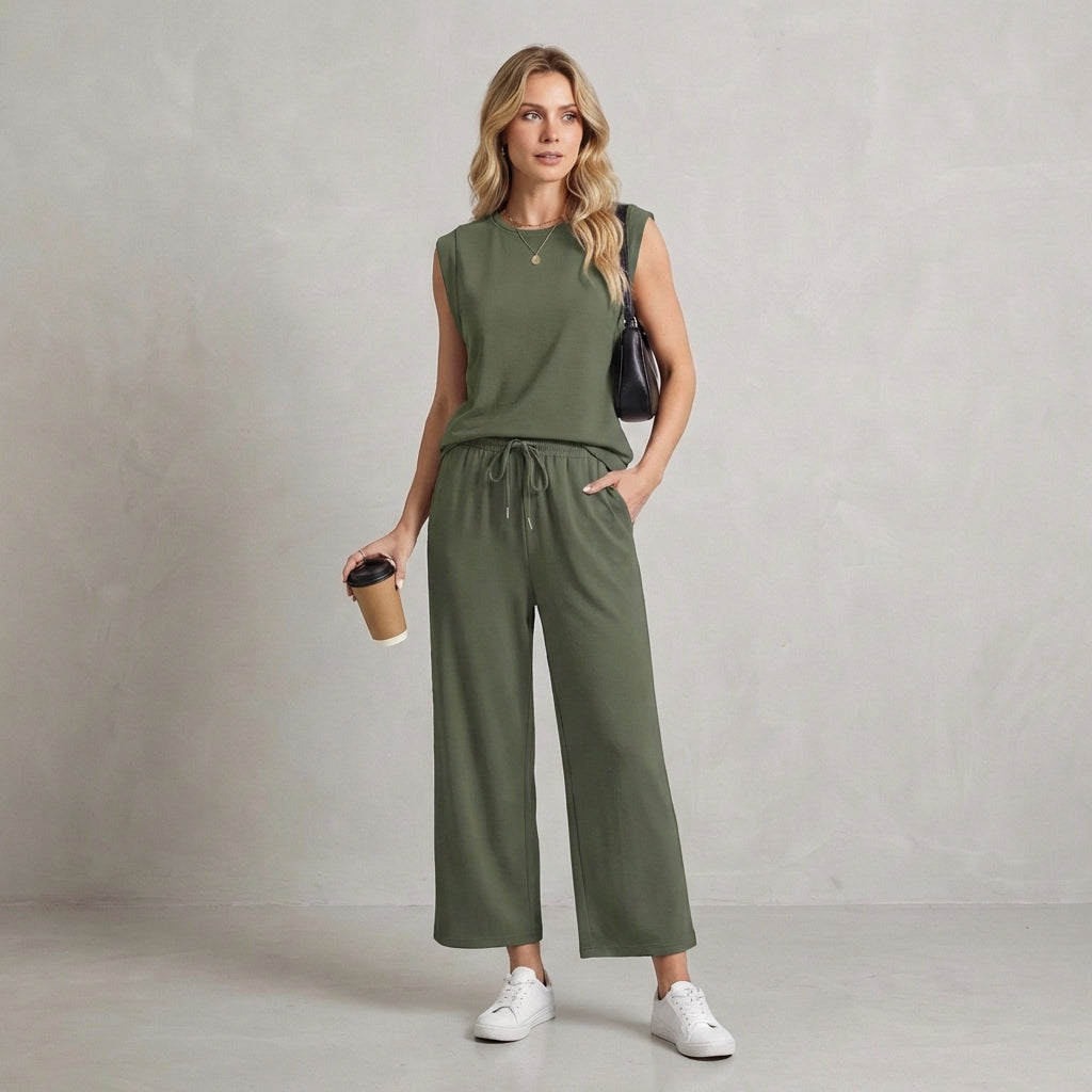 Isla Relaxed Fit Shoulder Pad Top And Pants Two-Piece Set | Solid Casual Wear
